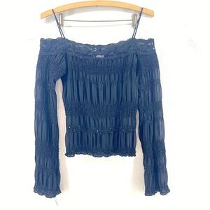 Y2K Agaci Too Black Lace Trim Off Shoulder Smocked Sequins Blouse Top M Bratz